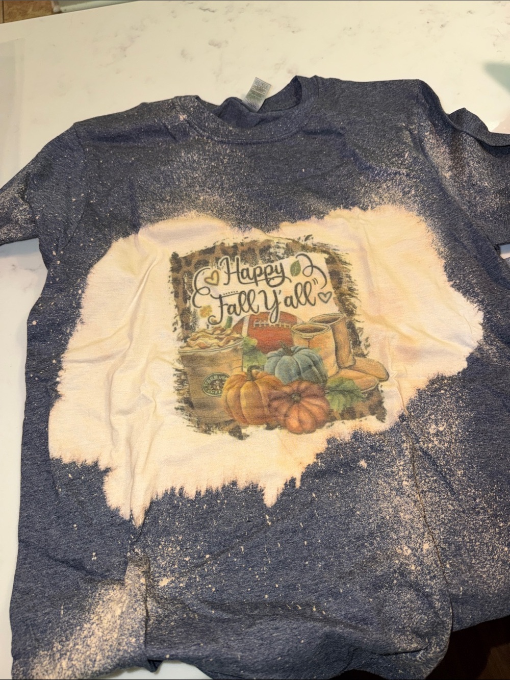 Fruit of the Loom Navy Blue Tee with Cream Bleach-Style Fall Graphic - Picture 2 of 2